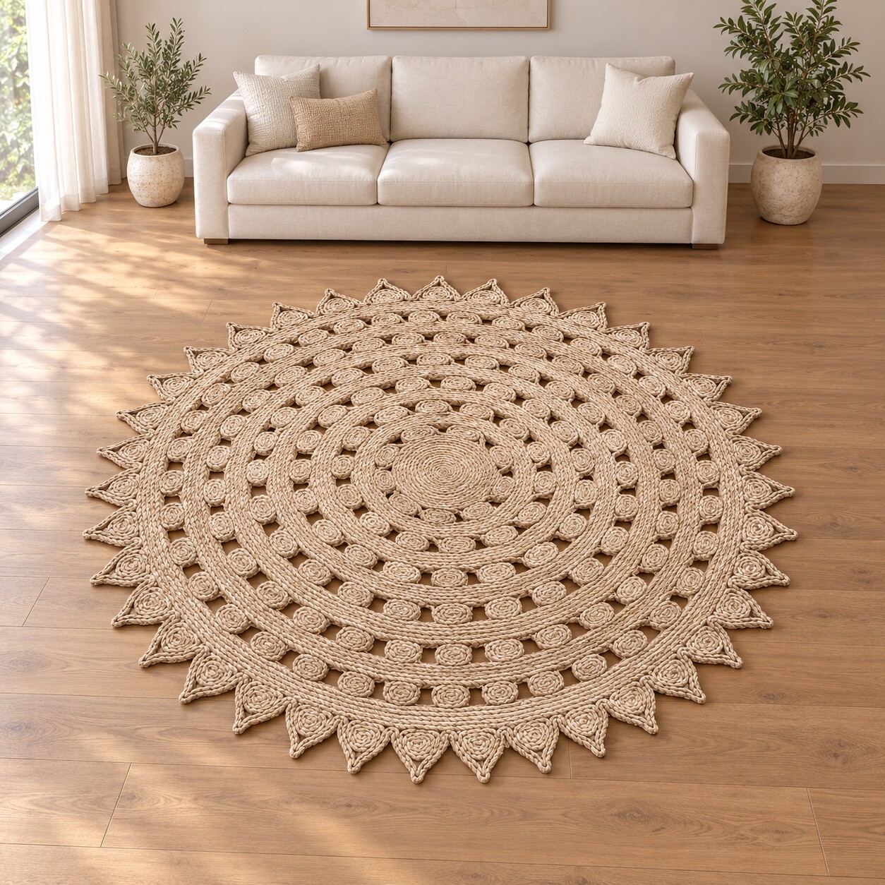 Concentric Rosette Round Jute Rug, handmade Jute rug
