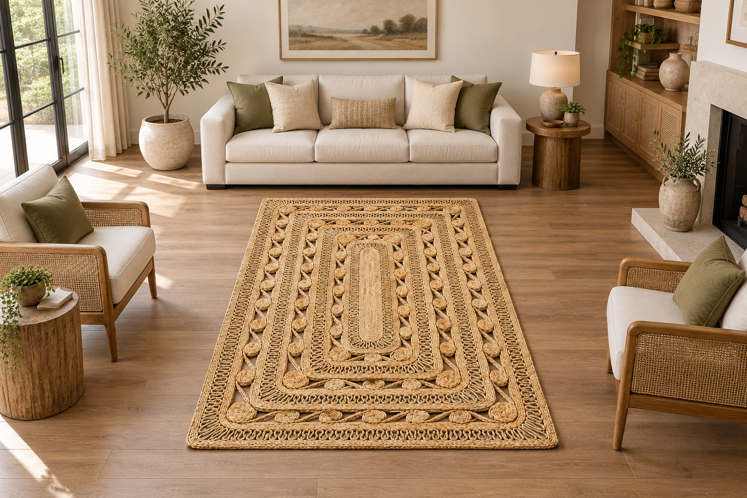 Nested Rosette Openwork Jute Rug, handmade Jute rug
