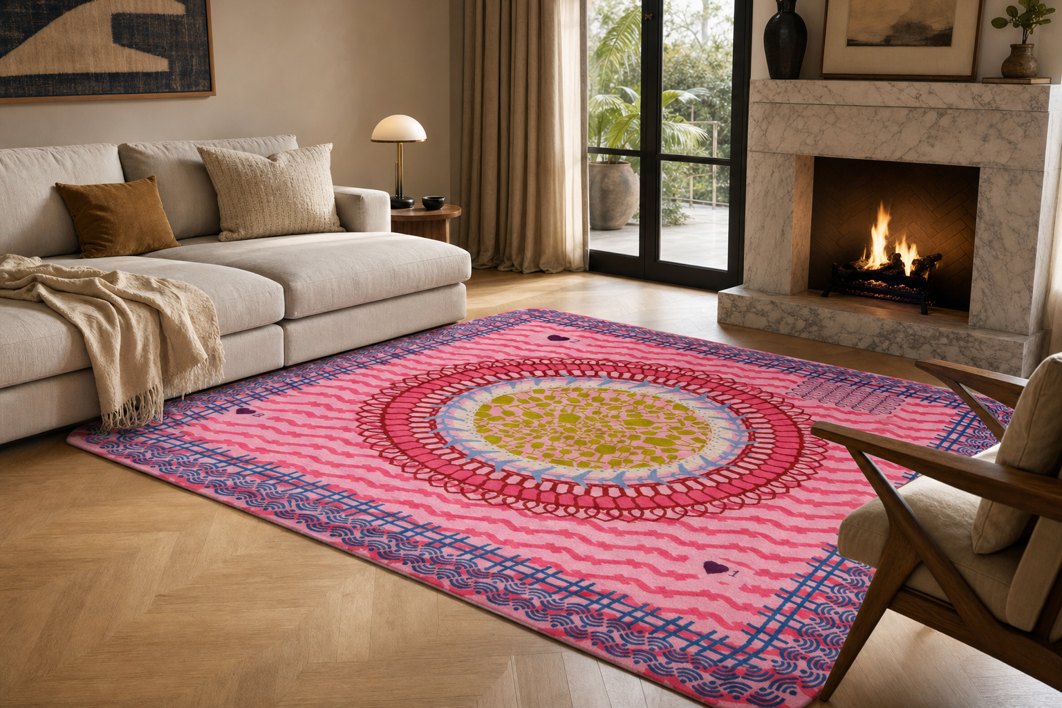Pink Medallion Graphic Rug, handmade Semi-Worsted New Zealand Wool rug