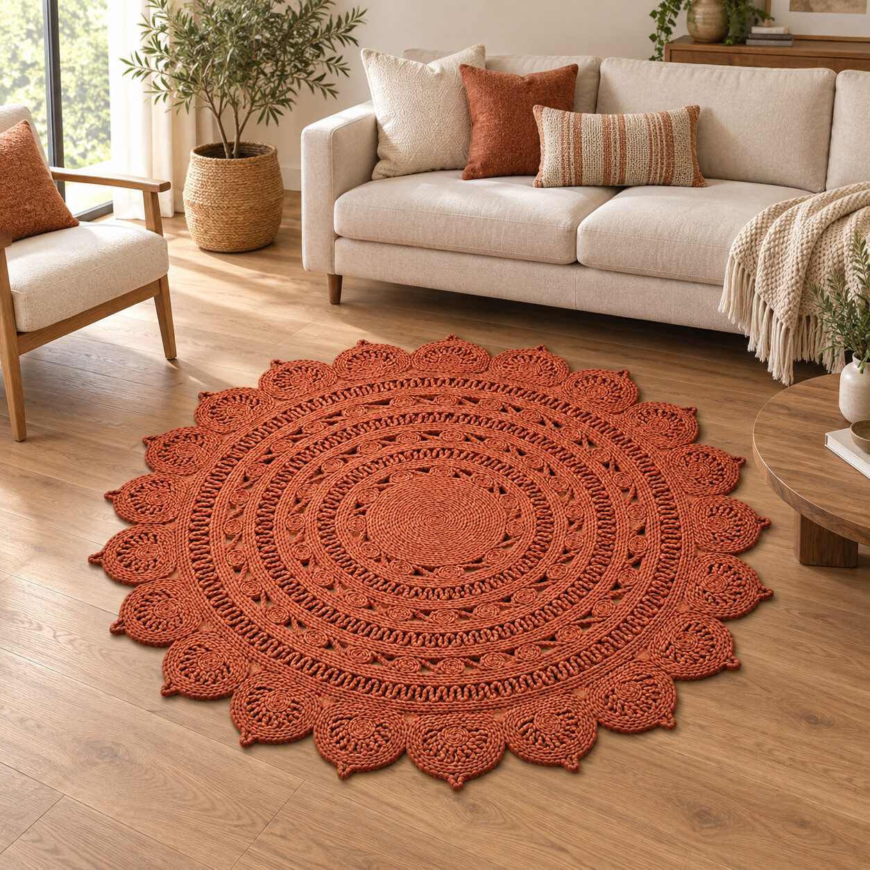 Terracotta Rosette Openwork Jute Rug, handmade Jute rug