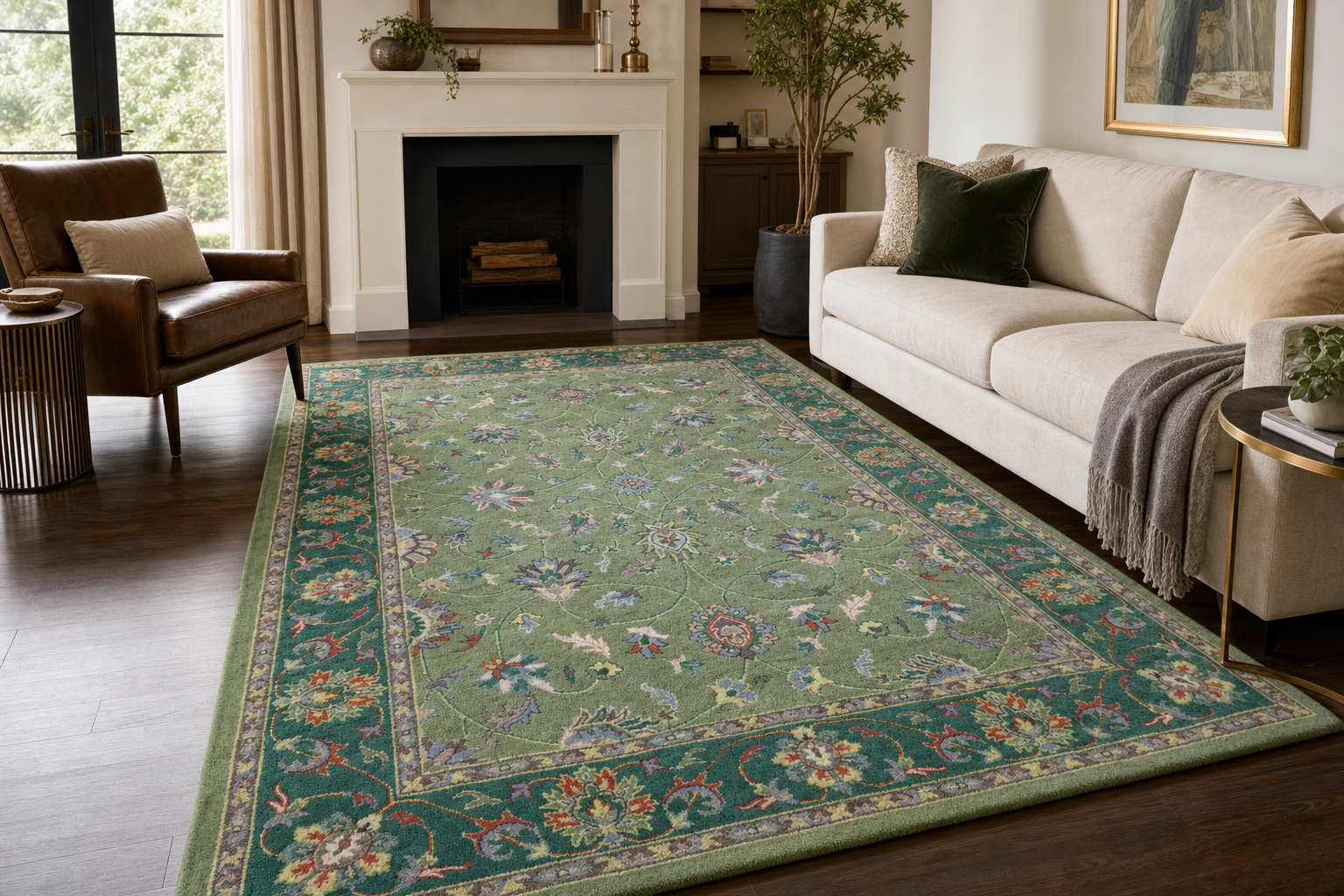 Green Floral Hand-Tufted Wool Rug, handmade New Zealand Wool rug