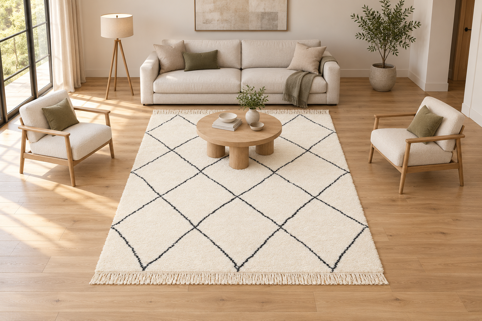 Hand-Knotted Ivory Moroccan Diamond Rug, handmade Wool rug