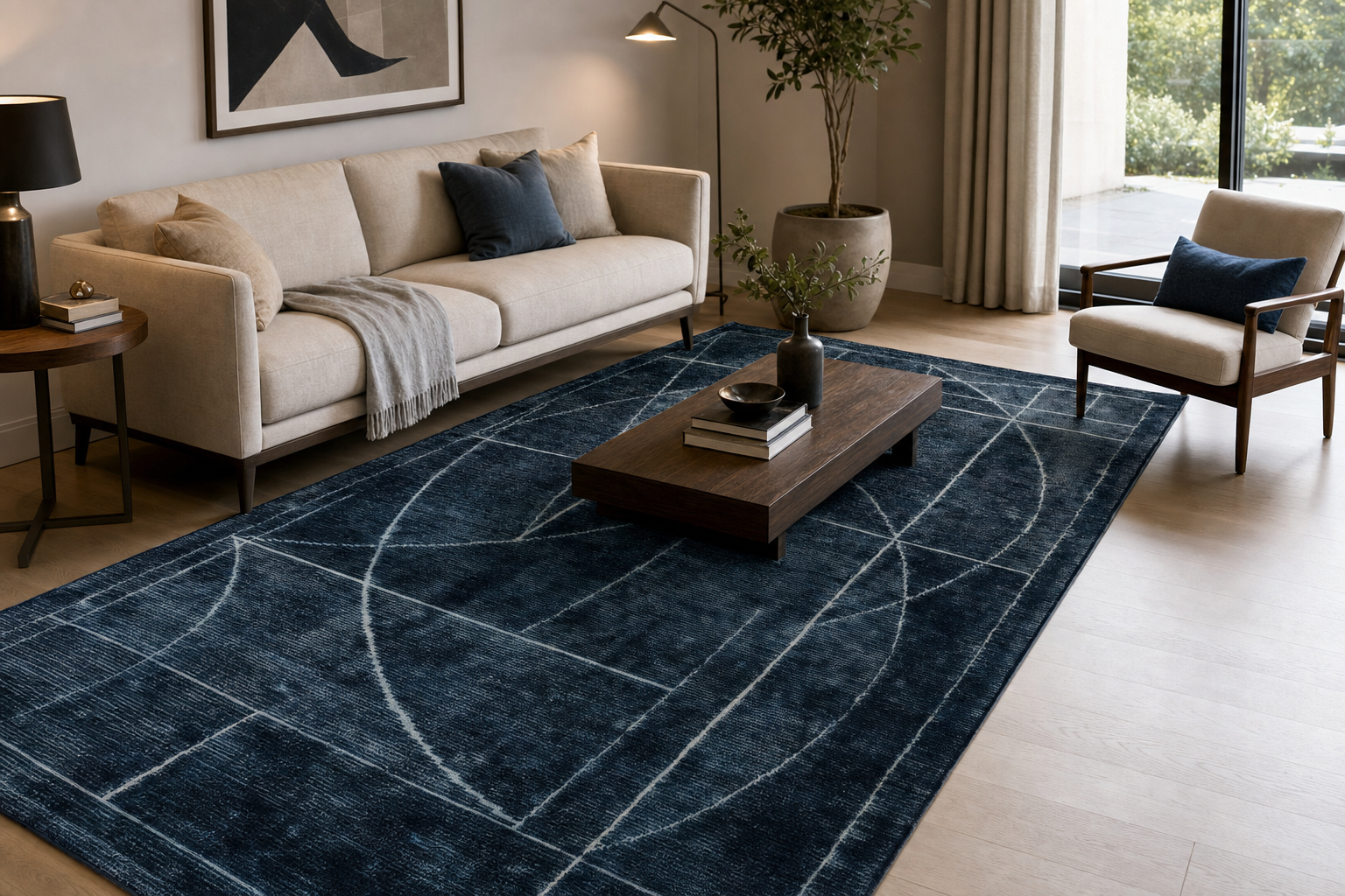 Hand-Tufted Navy Geometric Wool Rug, handmade New Zealand Wool rug
