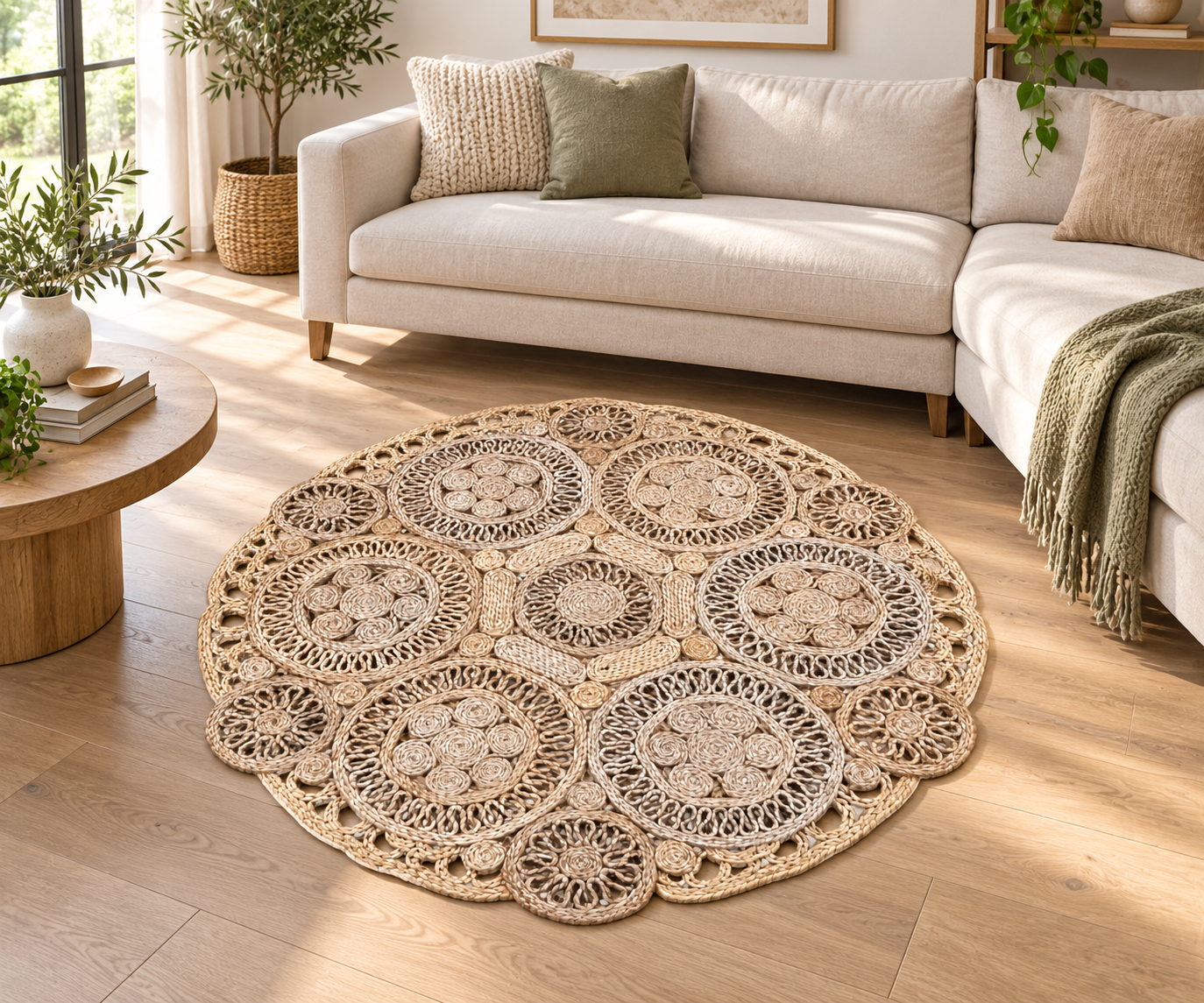Round Rosette Openwork Jute Rug, handmade Jute rug