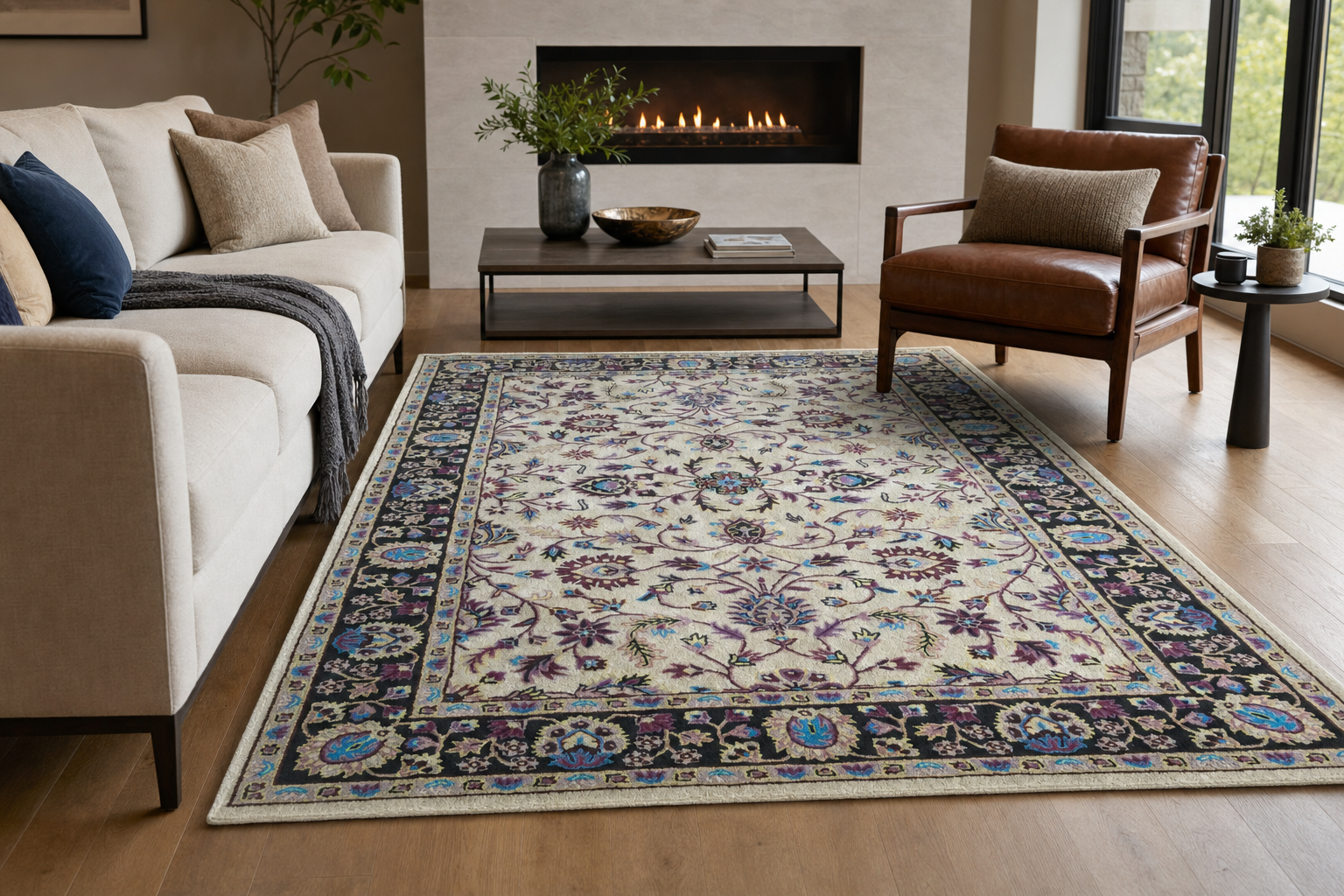 Ivory Floral Medallion Hand-Tufted Wool Rug, handmade New Zealand Wool rug
