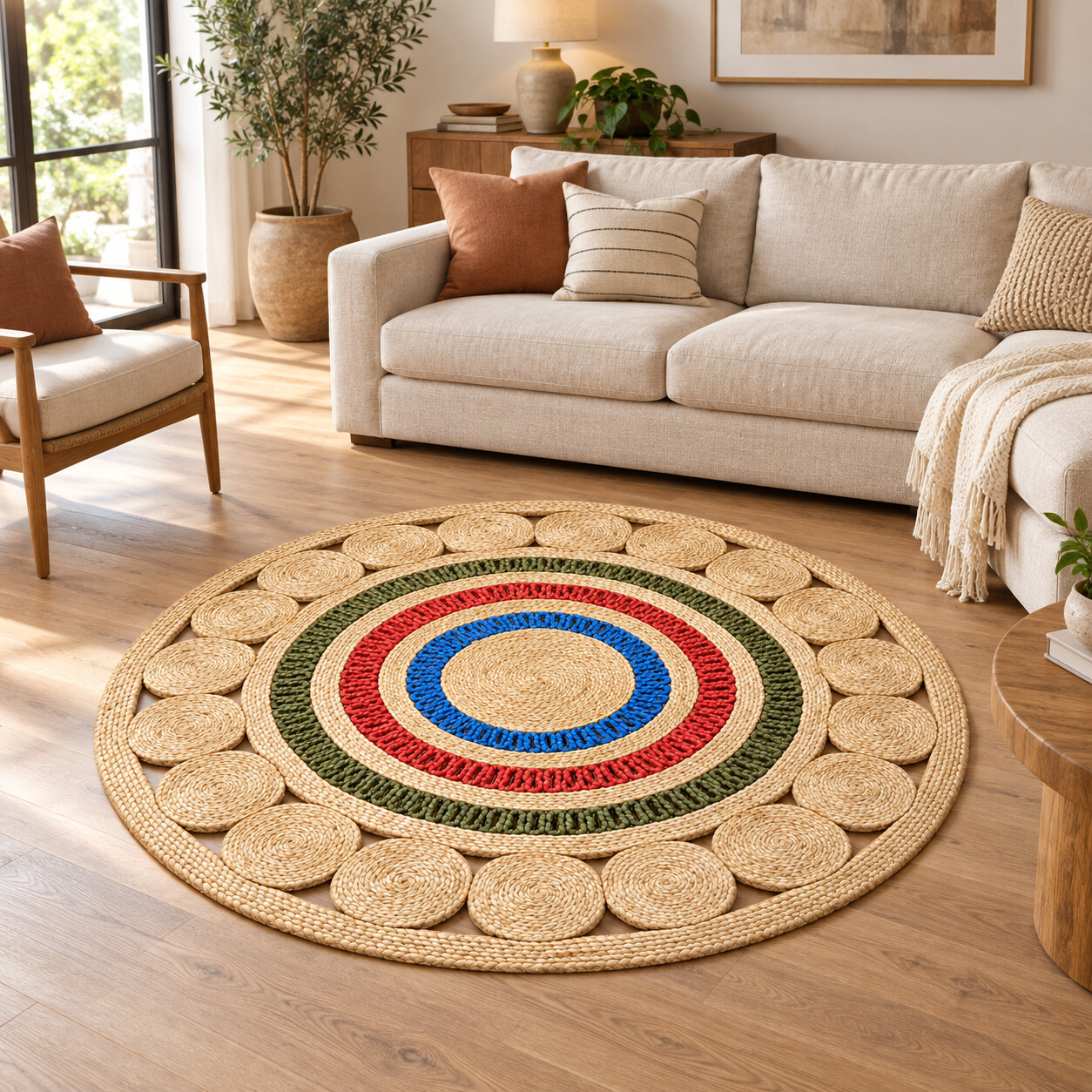 Chromatic Orbit Rosette Jute Rug, handmade Jute rug