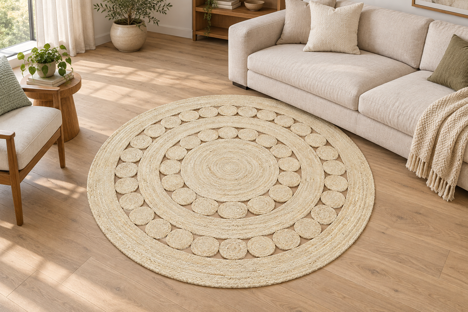 Natural Spiral Disc Round Jute Rug, handmade Jute rug