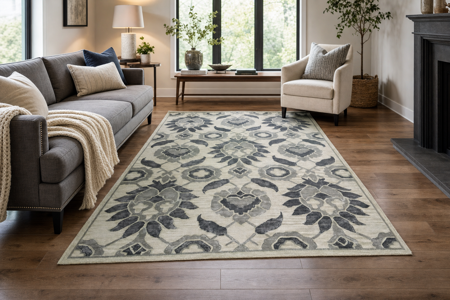 Hand-Tufted Wool Floral Rug — Grey & Sage, handmade New Zealand Wool rug