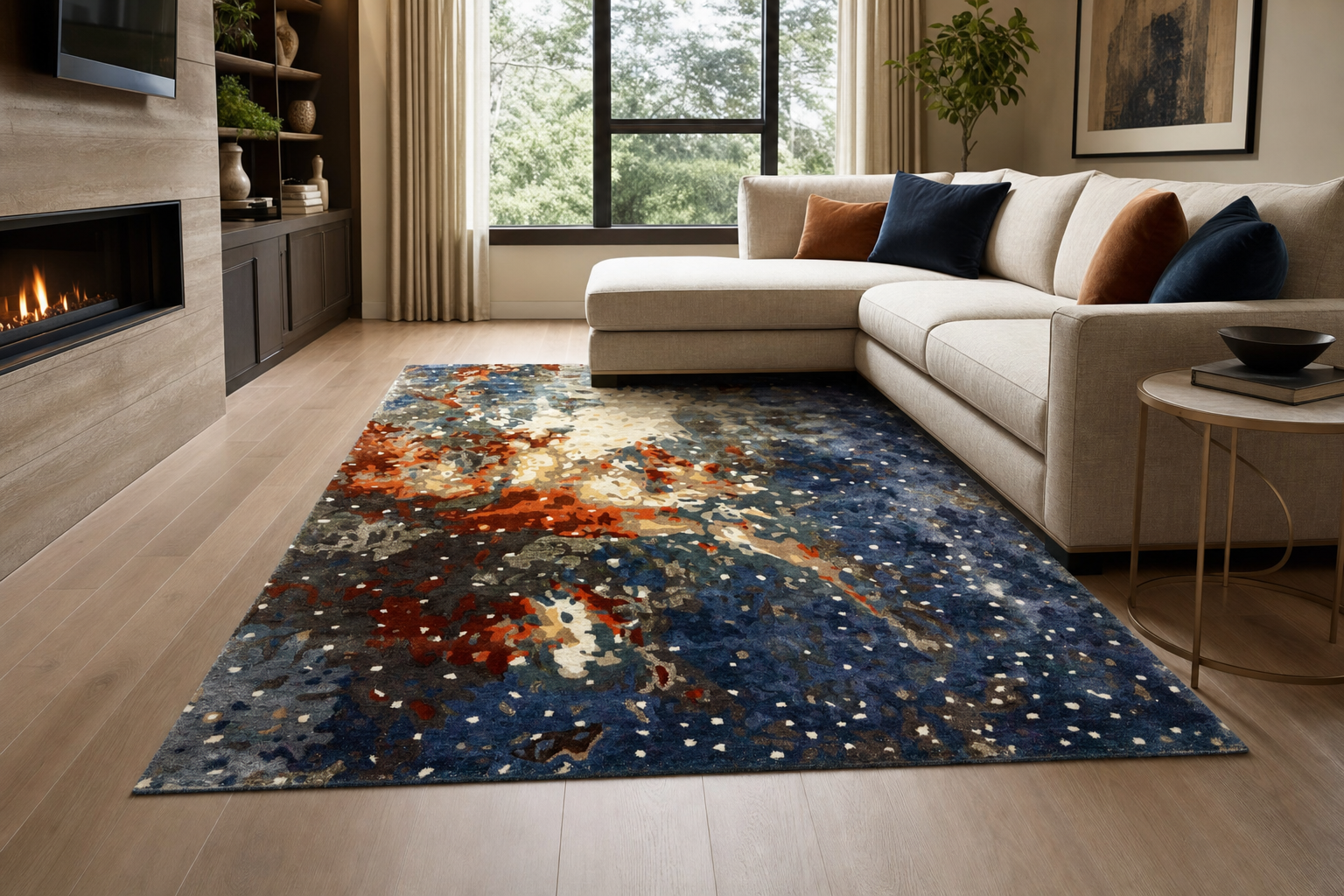 Hand-Tufted Abstract Wool Rug — Blue & Rust, handmade New Zealand Wool rug