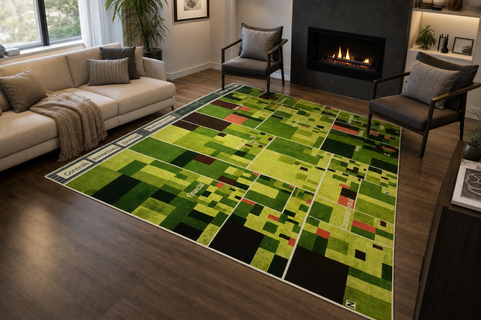 Handknotted Tibetan Modern Green Pixel Patchwork Rug, handmade Semi-Worsted New Zealand Wool rug