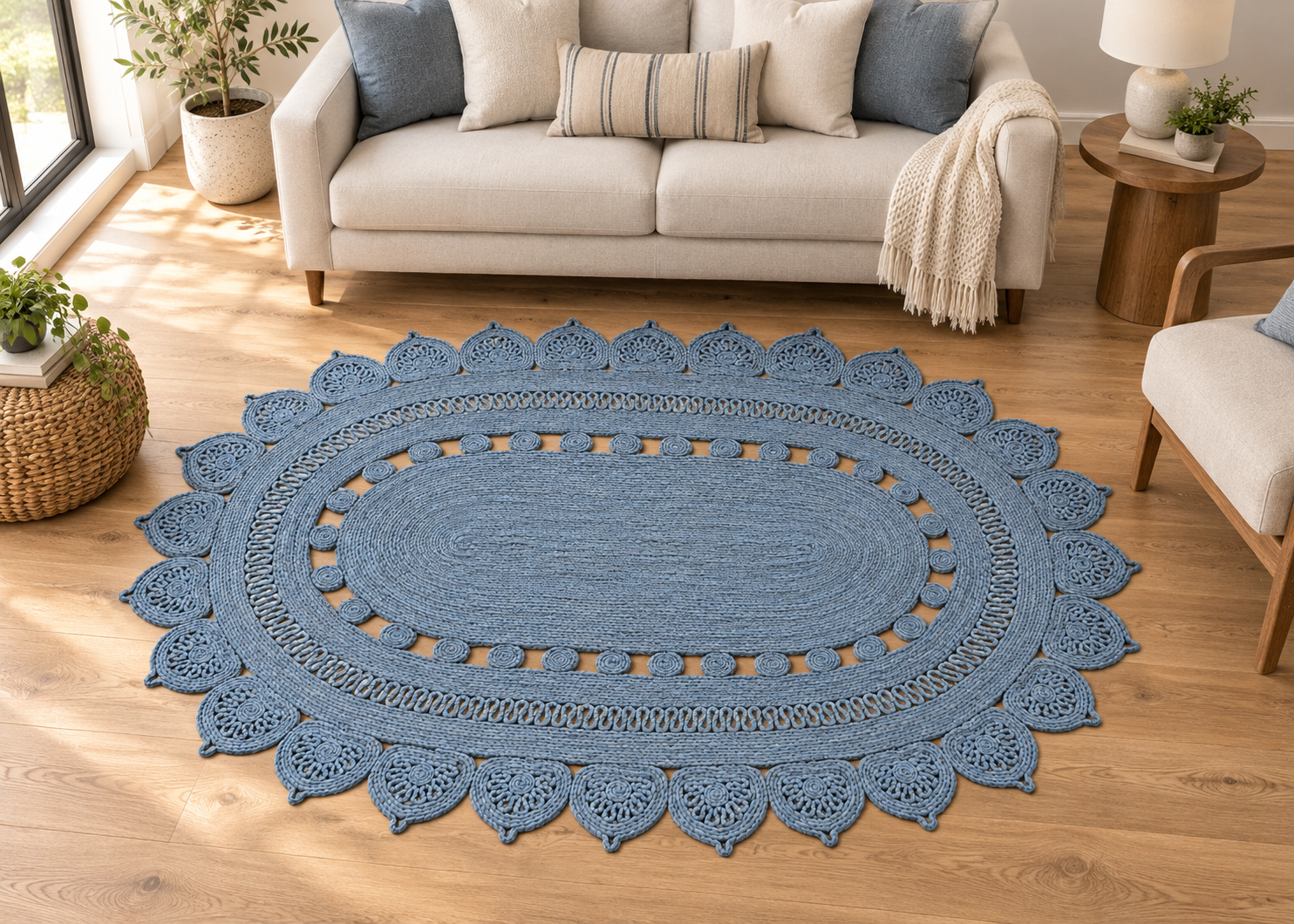 Blue Petal Oval Braided Jute Rug, handmade Jute rug