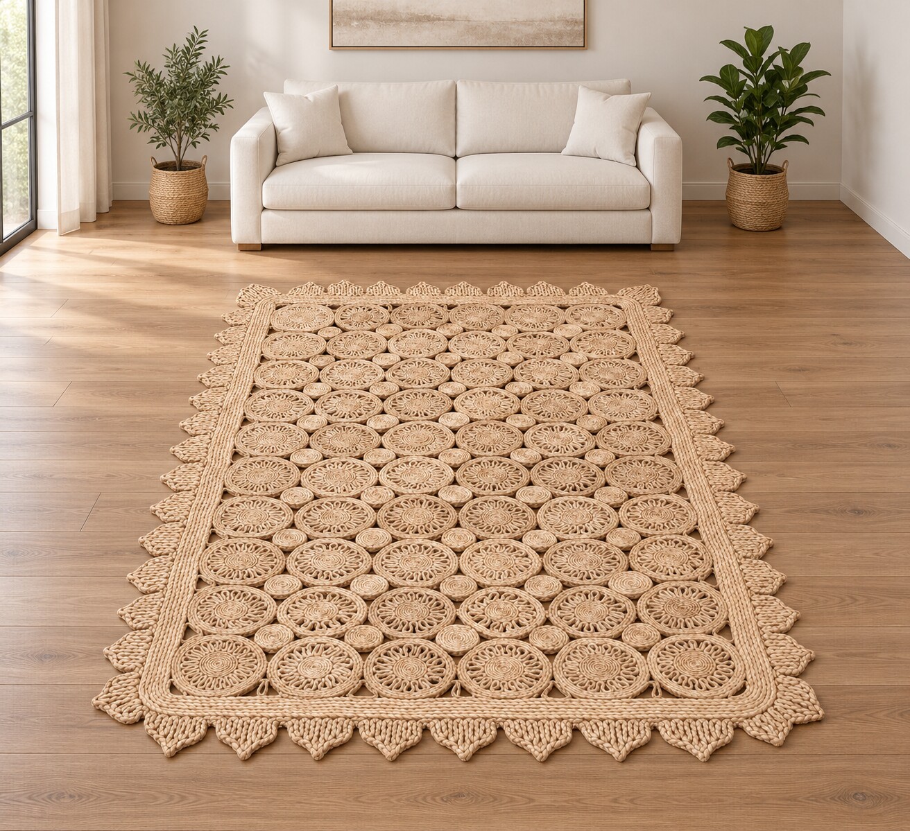 Handcrafted Sunburst Medallion Jute Rug, handmade Jute rug