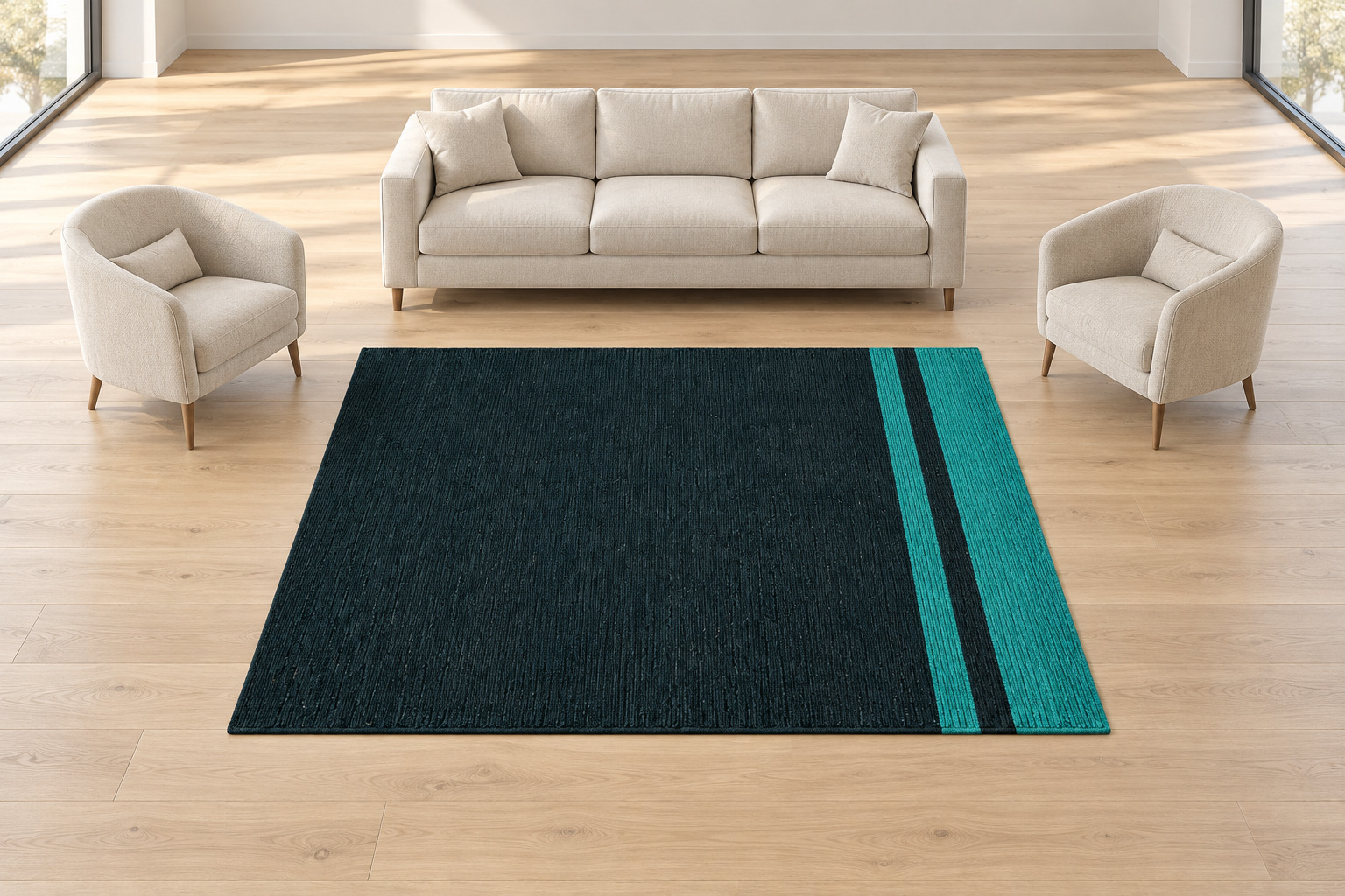 Midnight Teal Linear Wool Rug, handmade Wool rug